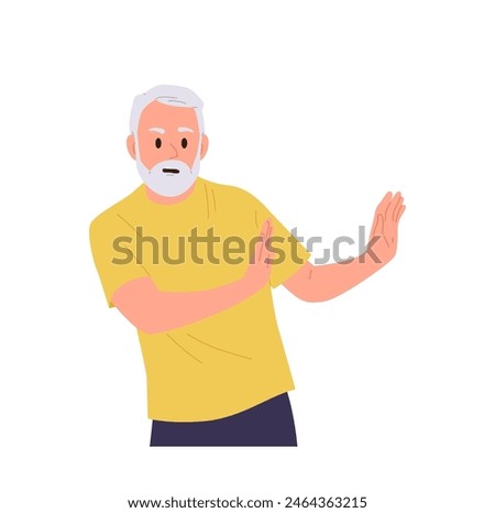 Scared senior man cartoon character feeling threatened and fenced off with arms vector illustration