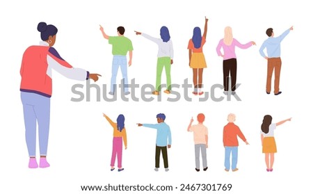 Back view of different young adult people and children cartoon characters with pointing gesture