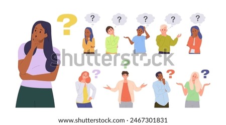 Diverse adult people and children cartoon characters with question mark over head isolated set