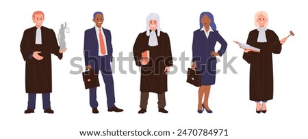 Servants of law, male female judge, lawyer, advocate cartoon characters set isolated on white