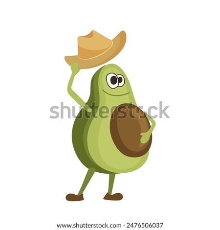Cute happy smiling avocado isolated cartoon character taking off cowboy hat greeting gesture
