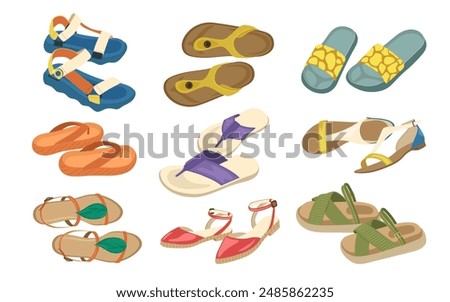 Summer slippers, sandals, flop flip shoes beach footwear accessories set isolated on white