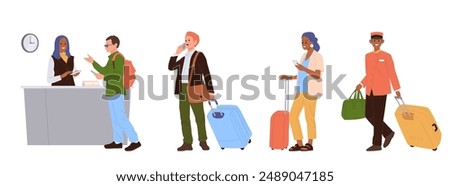 People guests, visitors, hotel workers cartoon character with luggage suitcase in queue at reception