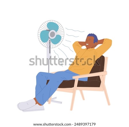 Handsome relaxed man cartoon character cooling off with ventilator blow sitting in armchair