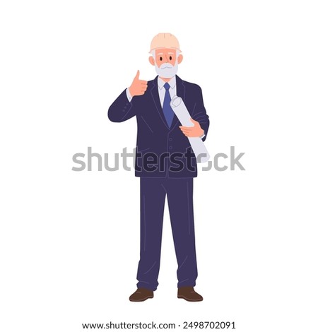 Senior man architect cartoon character wearing suit and hardhead holding blueprint isolated on white