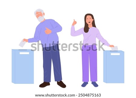 Young woman and senior man voter cartoon character gesturing thumbsup approving fair election