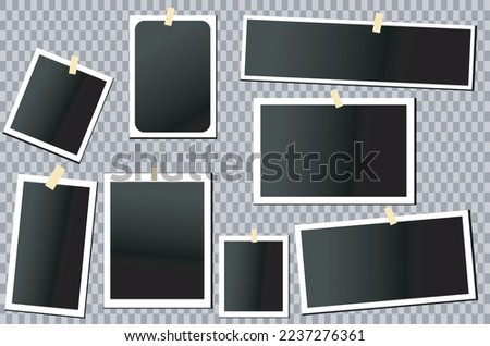 vector set off Polaroid photo frames fixed with adhesive tape on a transparent background. Photo frame on sticky tape, isolated.