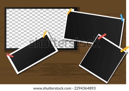 vector set off Polaroid photo frames fixed with adhesive tape on a transparent background. Photo frame on sticky tape, isolated.