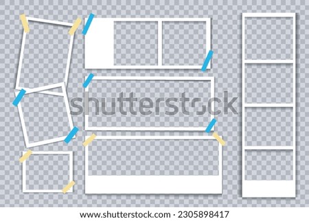 Photo booth picture frames. Vintage white empty, instant photos and photographs strips vector illustration Collection