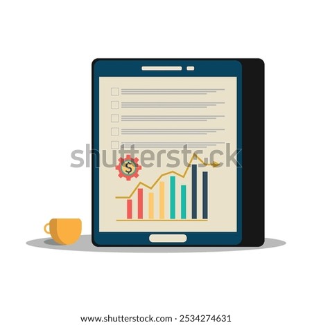 Illustration of a tablet displaying a financial graph with a rising trend, colorful bar chart, and dollar symbol within a gear. A small coffee cup sits beside the tablet, suggesting a workspace