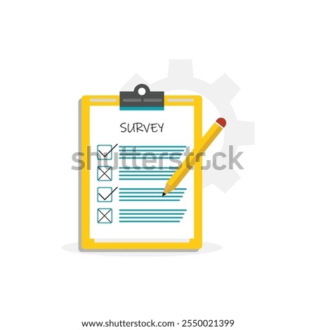 illustration of a clipboard with a survey form, featuring multiple checkboxes and text lines