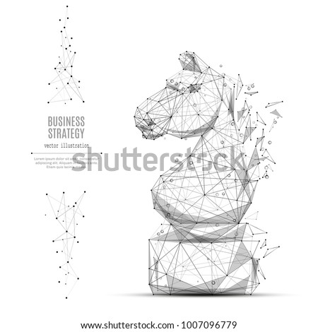 Abstract mash line and point CHESS HORSE origami on white background with an inscription. Starry sky or space, consisting of stars and the universe. Vector strategy illustration
