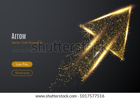 Low poly illustration of the arrow up with a golden dust effect. Sparkle stardust. Glittering vector with gold particles on dark background. Polygonal wireframe from dots and lines. Business concept