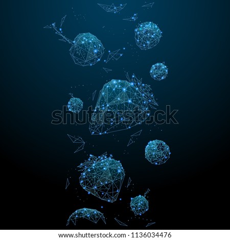 Abstract image of a Mixed berries in the form of a starry sky or space, consisting of points, lines, and shapes in the form of planets, stars and the universe. Fruit vector wireframe