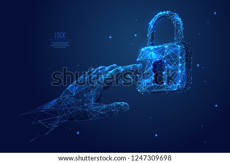 Human arm or hand or palm is touching lock symbol. digital image of email or internet symbol. Low poly blue. Polygonal abstract technology  illustration. Digital vector illustration as a starry sky.