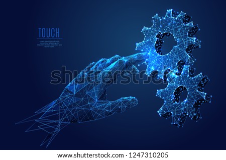 Human Arm touch gears composed of polygons. Low poly vector illustration of a starry sky style. gearing consists of lines, dots and shapes. Internet or digital or devices and computer symbol