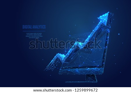 Analytics. Arrow up concept on computer monitor screen. Vector low poly wireframe in the form of starry sky or space, consisting of points, lines, and shapes in the form of stars with destruct shapes