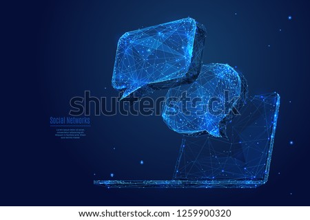 Dialogue clouds on laptop screen. Low-poly vector wireframe illustration in starry sky and cosmos style.  Digital Technology and devices concept. Abstract Social Network or Chat theme in blue color. 