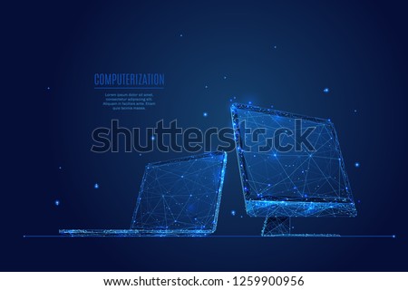 Laptop and Monitor. Computers themes in low-poly wireframe starry sky and cosmos style. Technology and devices concept. Abstract vector computerization theme in blue color. Devices polygonal theme