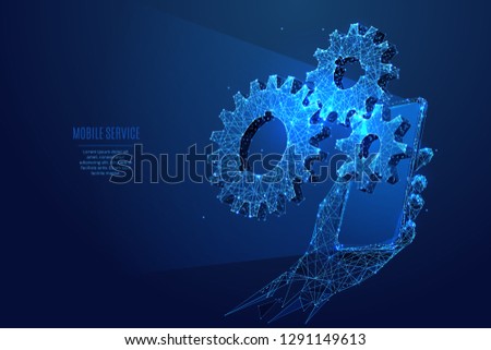 Gearing. Three gears on smartphone screen in a hand. Vector low poly wireframe in the form of starry sky, consisting of points, lines, and shapes in the form of stars. Polygonal abstract digital.