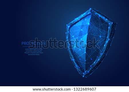 Shield. Abstract wireframe vector illustration on dark blue. Protect and Security of Safe concept. Low poly starry sky digital 3d modern image or background. Polygonal knight sign.