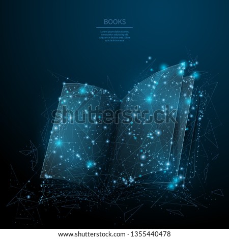 Opened book. Abstract wireframe vector illustration on dark blue. Learning and study concept. Low poly starry sky digital 3d modern image or background. Polygonal book sign.