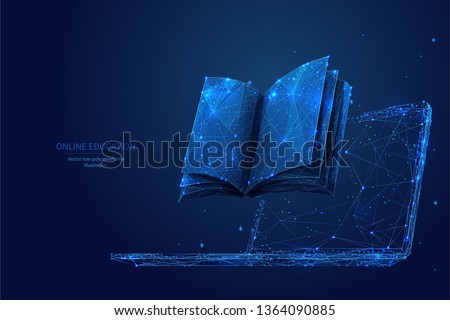 Book and laptop. Low poly wireframe online education blue background or concept with opened book. Digital Vector illustration. Online reading or courses. Abstract polygonal image of notebook on laptop