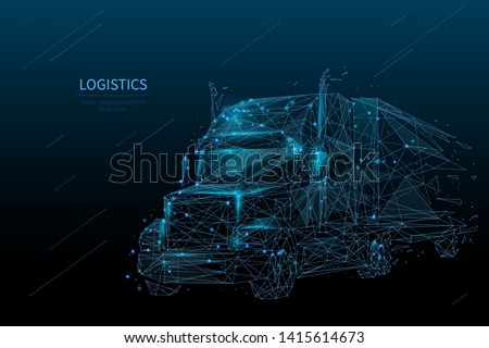 Logistics and distribution low poly wireframe banner template. Polygonal international shipment and delivery service mesh art illustration. 3D truck, lorry transportation with connected dots