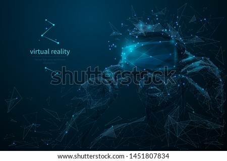 Metaverse. Virtual reality headset low poly wireframe banner template. Polygonal man wearing VR glasses mesh art illustration.  VR games playing. 3D innovative modern technologies with connected dots
