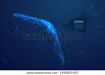 Karma low poly art illustration. 3d polygonal boomerang. Philosophy principle concept with connected dots and lines. Buddhism faith, deciding person fate vector color wireframe mesh illustration