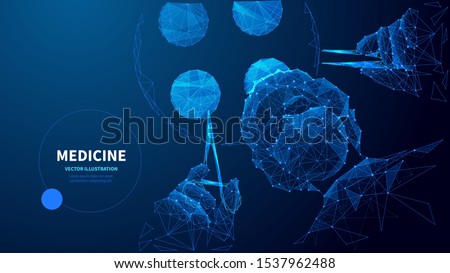 Medicine low poly wireframe vector banner template. Polygonal surgeon in operating room. Surgery 3D mesh art. Emergency help, healthcare. Medic with surgical tool illustration with connected dots