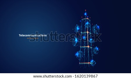 Blue abstract 3d isolated 
5G antenna on innovation technology background. Low poly wireframe digital vector.
Polygons and connected dots.
Internet telecommunication tower futuristic concept.