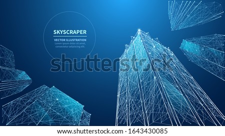 Abstract view of a skyscrapers. Blue modern glass silhouettes of polygonal skyscrapers in the city. Low poly wireframe vector illustration. Bottom view of modern skyscrapers in business district.