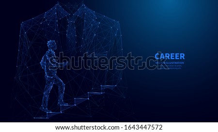 Abstract ambitions concept with businessman climbing stairs. Polygonal career concept with double exposition of businessman climbing stairs with business classic suit  silhouette. low poly wireframe.