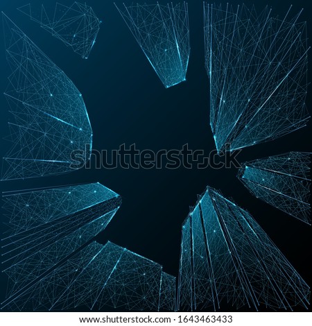 Abstract bottom view of city business skyscrapers. Low poly wireframe vector illustration. Polygonal office building close up. Night blue modern business center concept. Office buildings. Polygons art