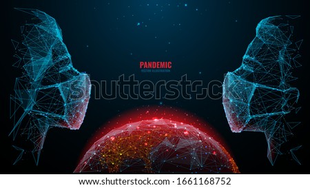 Man and woman in surgical masks looking look at each other on world or Earth planet background. Low poly wireframe digital vector illustration. Planet and viruses. Pandemic or epidemic concept.
