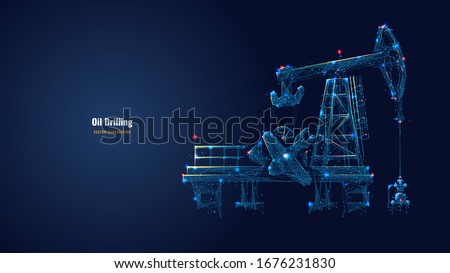 Oil fields concept. Oil drilling derricks at desert oilfield for fossil fuels output and crude oil production from the ground. Low poly wireframe vector illustration. Oil drill rig and pump jack.