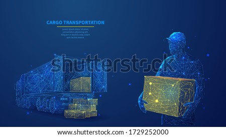 Delivery man with box standing in front of cargo truck in dark blue. Polygonal shipping cargo delivery, logistics, transportation or business commercial concept. Abstract wireframe vector illustration