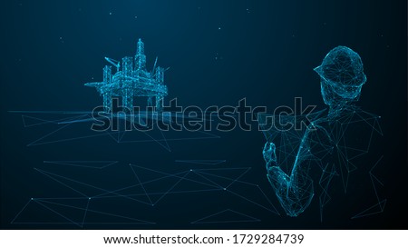 rchitect or engineer in hard hat holding a blueprint looking at gas drilling. 3d abstract vector illustration. Construction, business or petroleum industry concept. Low poly wireframe
