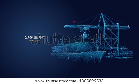 Digital polygonal cargo sea port. 3d ship, port crane and containers in dark blue. Container ships, transportation, logistics, business or worldwide shipping concept. Abstract vector mesh illustration