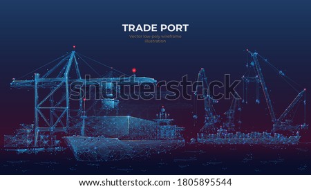 Trade port low poly wireframe banner template. Digital vector cargo ship, container, crane and warehouse in dark blue. Container ships, transportation, logistics, business, worldwide shipping concept
