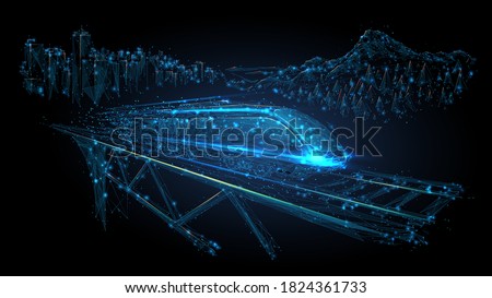 3d low poly illustration of moving high-speed train on rail bridge. Transport, travelling, logistics, tourism concept isolated in black. Abstract vector mesh with lines, dots and blue particles 
