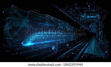 Abstract polygonal 3d wireframe of modern train at railway station or metro. Digital vector mesh looks like starry sky. Rapid transit system, transportation, railway logistics concept in dark blue
