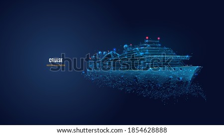 Digital low poly 3d cruise ship in dark blue. Travelling by sea, ocean voyage, business, cruise or holiday concept. Abstract vector wireframe of passenger liner with lines, dots, stars and particles