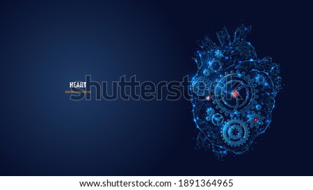 Digital 3d heart with gears inside. Low poly human organ, cogs and gear wheel mechanisms. Biohacking, medicine, health boost concept. Abstract vector dark blue wireframe with lines, dots and stars