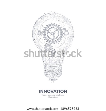 Abstract 3d light bulb with gears inside. Innovation, creativity, business technology idea concept isolated in white. Low poly hand drawing with lines, dots and shapes. Digital vector illustration