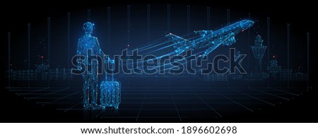 Digital 3d man with luggage looking at airplane taking off. Abstract airport departure illustration. Air travel, tourism, air transportation concept. Low poly dark blue mesh with lines, dots and stars