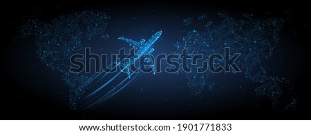 3d airplane flying over continents and ocean. Abstract vector top view wireframe. Digital airliner and world map concept in dark blue background. Low poly mesh with dots, lines and glowing stars