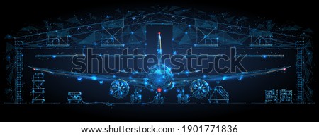 Front view of airplane in hangar in dark blue. Airplane maintenance, aircraft repair service concept. Abstract polygonal 3d wireframe looks like starry sky. Digital vector mesh with lines and shapes