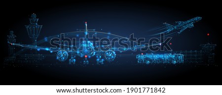 Digital airplane standing on runway, airport buildings, plane taking off, shuttle bus, control tower. Airport low poly wireframe concept in dark blue. Abstract vector mesh with dots, lines and stars